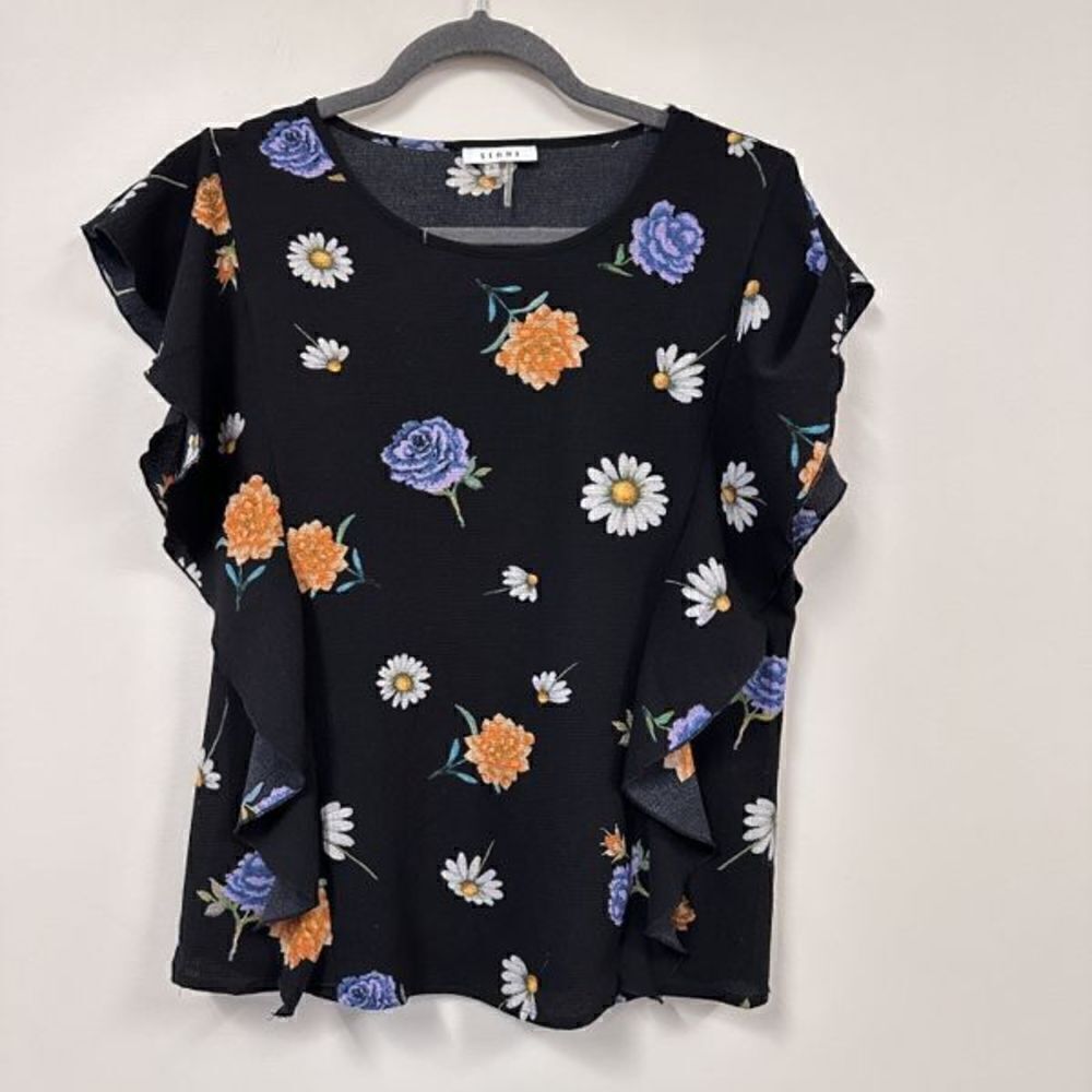 Sioni Floral Flutter Sleeve Black Blouse S - Picture 1 of 9